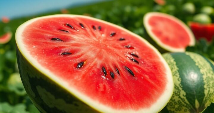 Melancia Crimson Sweet fatiada, mostrando a polpa vermelha vibrante e a casca listrada, pronta para consumo