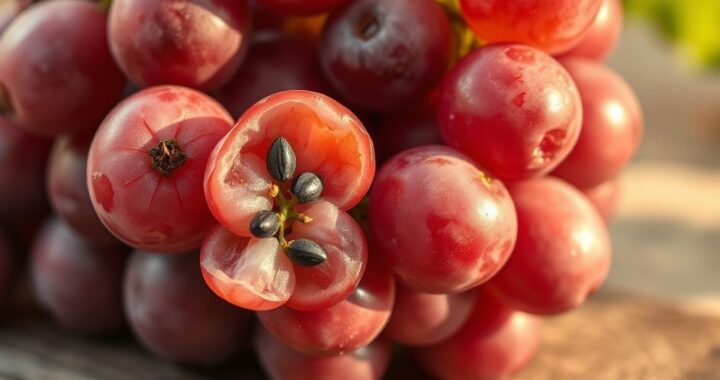 Semente de uva em foco, visível dentro de uvas vermelhas maduras, simbolizando seus benefícios e propriedades antioxidantes.