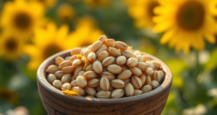 Sementes de girassol em uma tigela de madeira com pétalas de girassol, destacando a riqueza nutricional para a saúde.